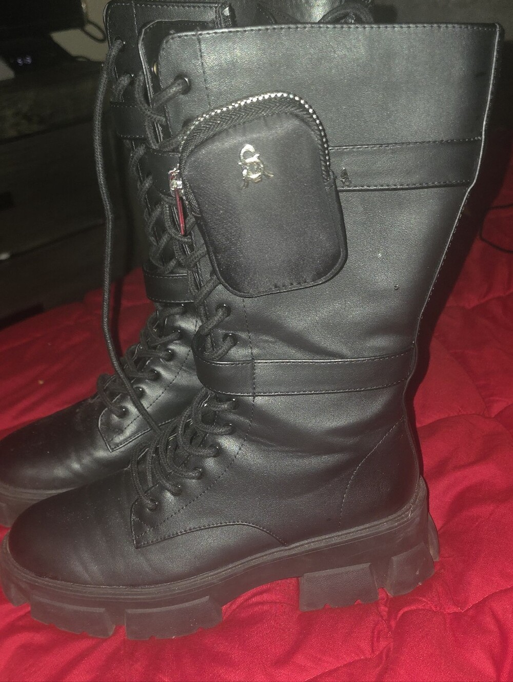Black Lace-Up Combat Boots with Side Pouch